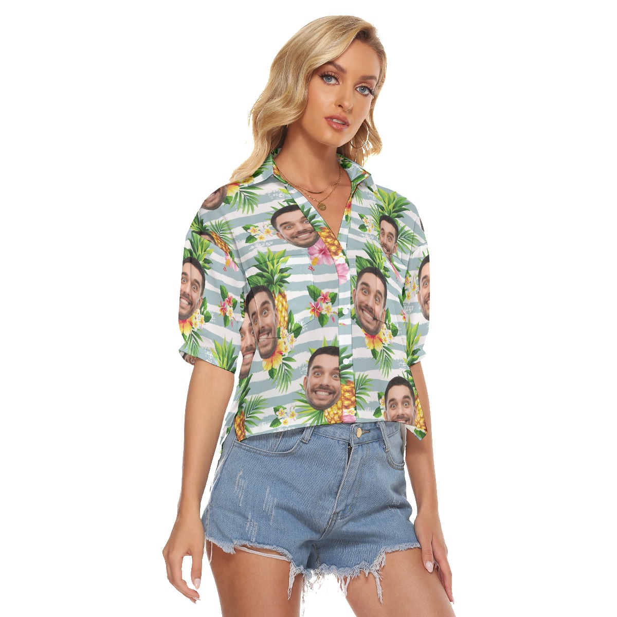 Women's Tropical Pineapples Custom Face Hawaiian Cropped Shirt