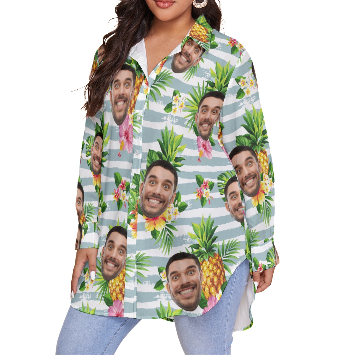 Tropical Pineapple Custom Face Plus Size Hawaiian Shirt For Women
