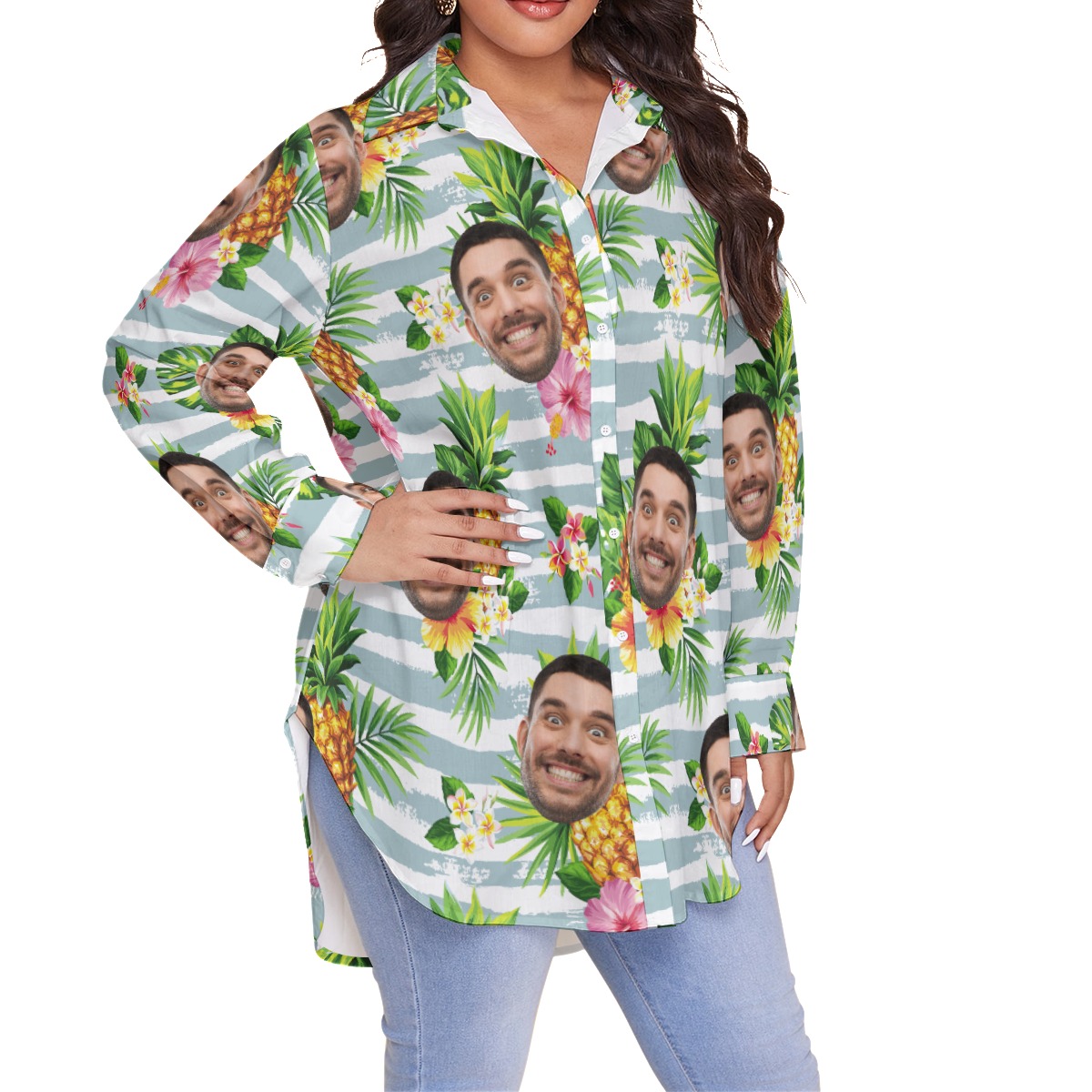 Tropical Pineapple Custom Face Plus Size Hawaiian Shirt For Women