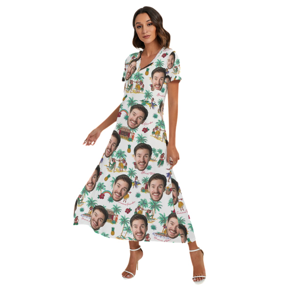 Beach Vibes Custom Face Hawaiian V-neck Dress With Side Slit