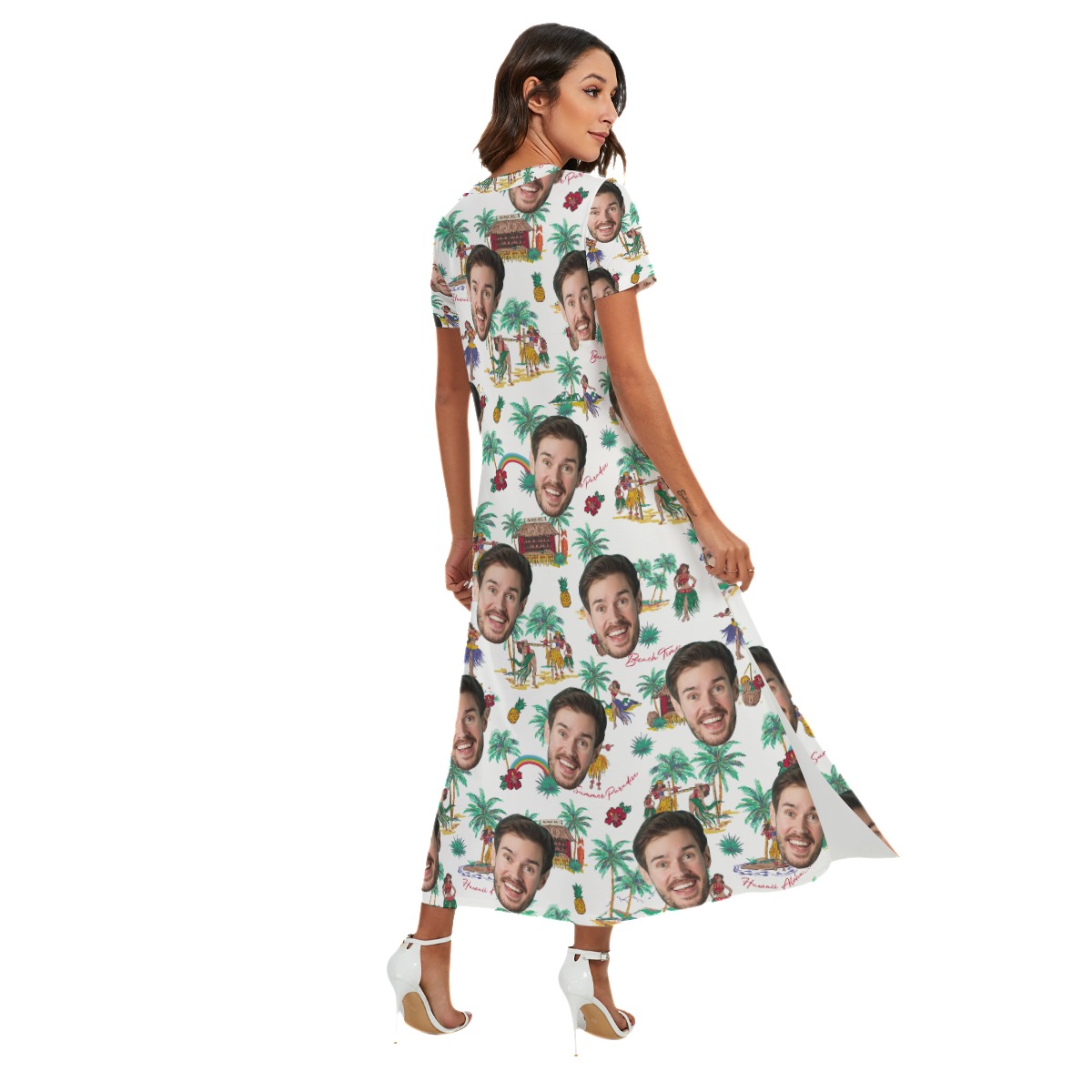 Beach Vibes Custom Face Hawaiian V-neck Dress With Side Slit