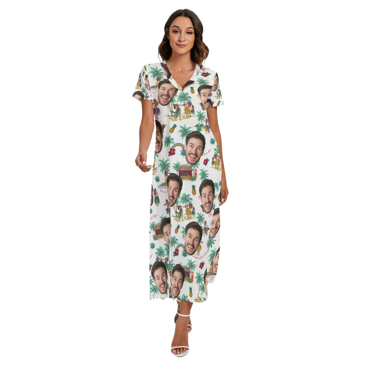 Beach Vibes Custom Face Hawaiian V-neck Dress With Side Slit