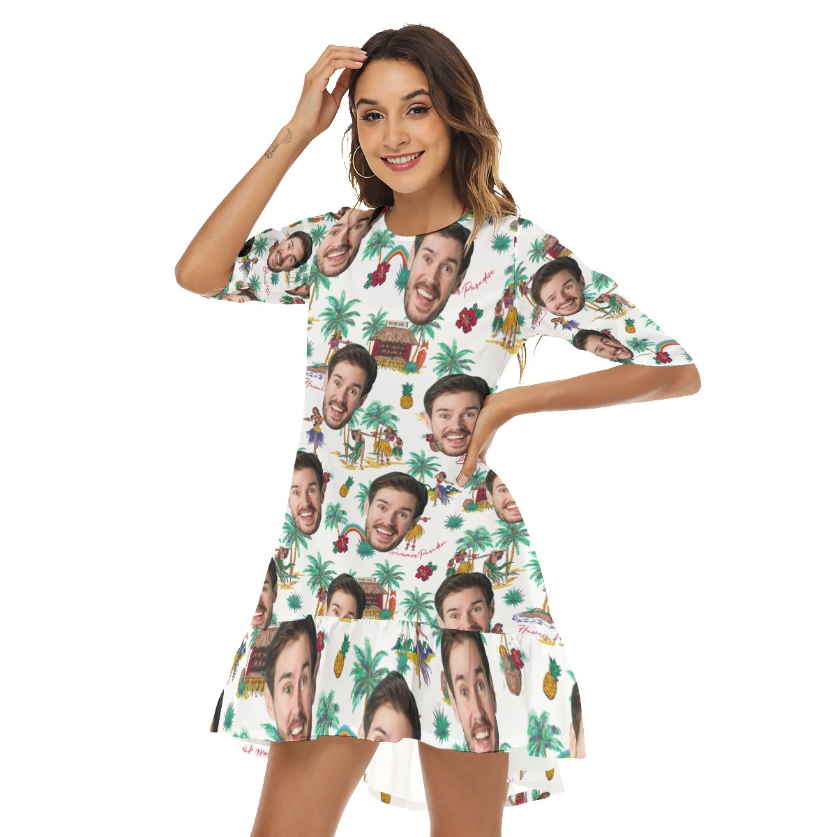 Funny Custom Face Tropical Hawaiian Dress With Ruffle Hem