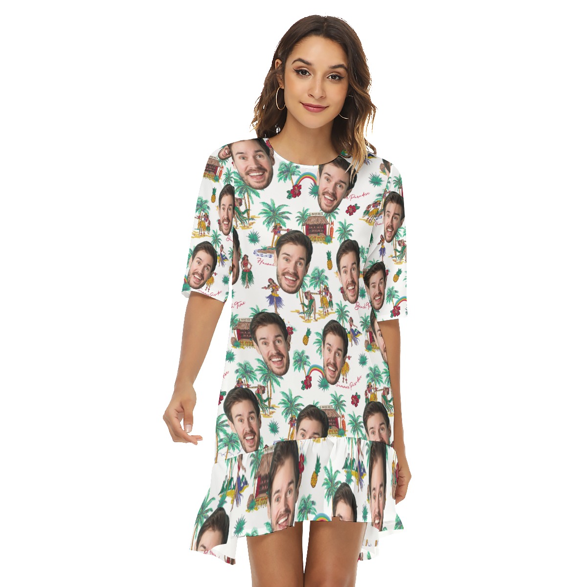 Funny Custom Face Tropical Hawaiian Dress With Ruffle Hem