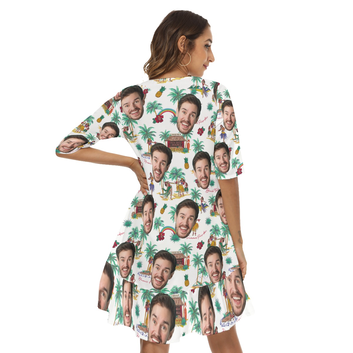 Funny Custom Face Tropical Hawaiian Dress With Ruffle Hem