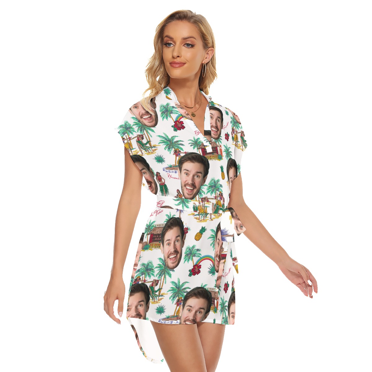 Custom Face Tropical Palm Tree Hawaiian Summer Dress With Belt For Women