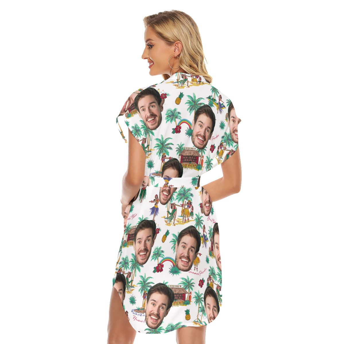 Custom Face Tropical Palm Tree Hawaiian Summer Dress With Belt For Women