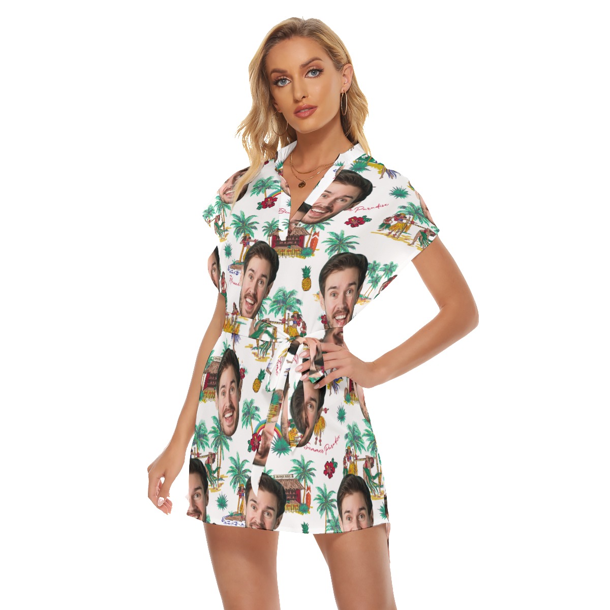 Custom Face Tropical Palm Tree Hawaiian Summer Dress With Belt For Women