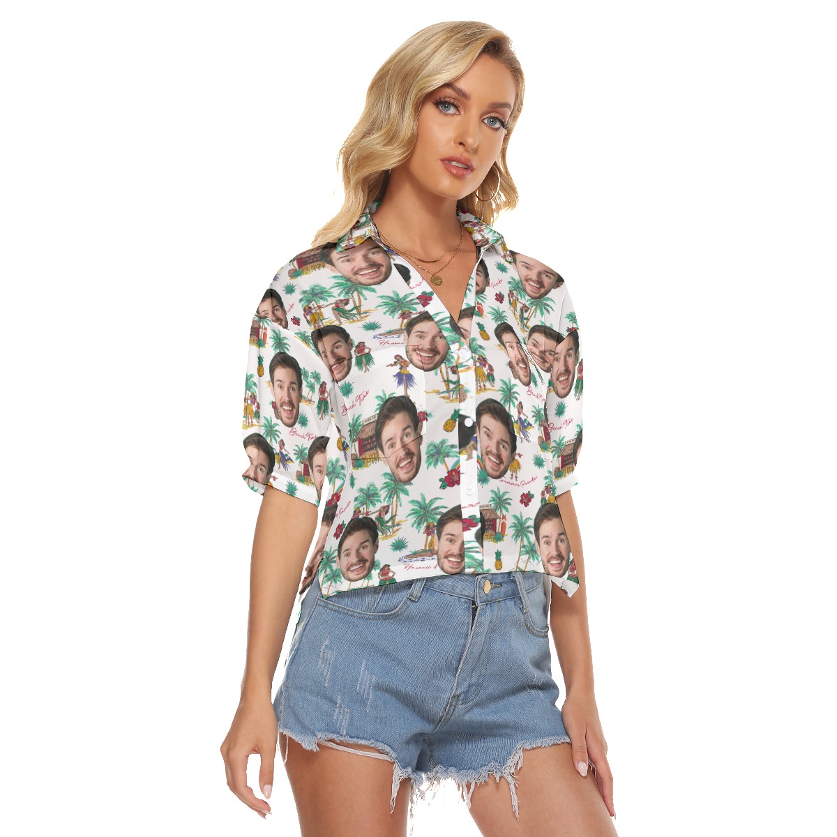 Funny Custom Face Beach Vibes Hawaiian Crop Top Shirt For Women