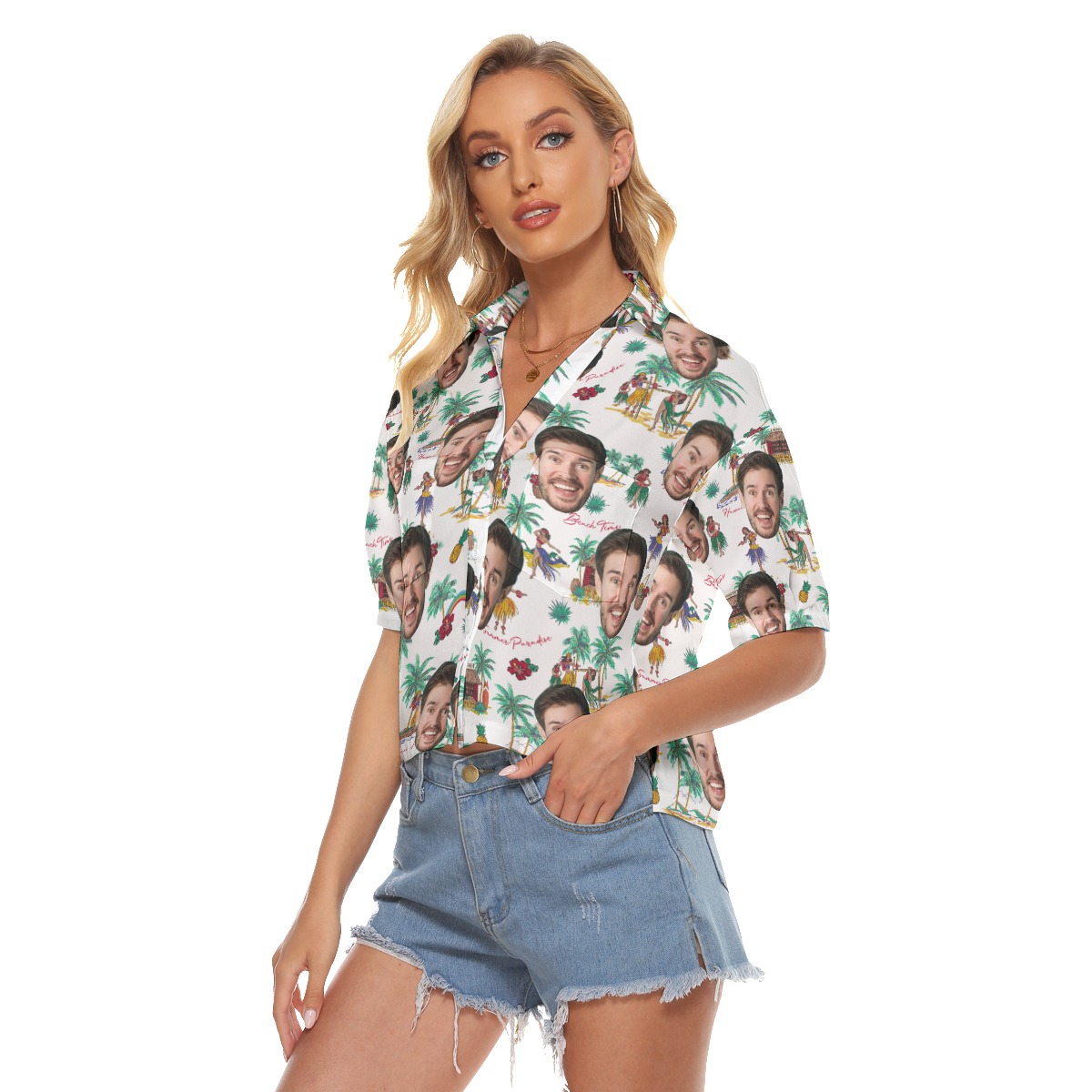 Funny Custom Face Beach Vibes Hawaiian Crop Top Shirt For Women