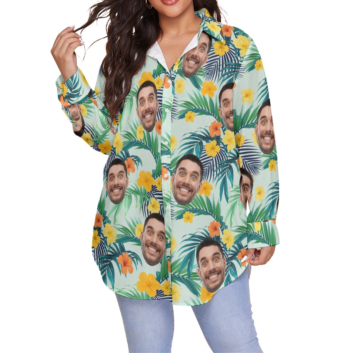 Floral Custom Face Oversize Women's Hawaiian Shirt - variant image 1
