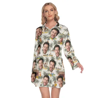 Custom Face Tropical Hula Girls Hawaiian Shirt Dress With Long Sleeve For Women