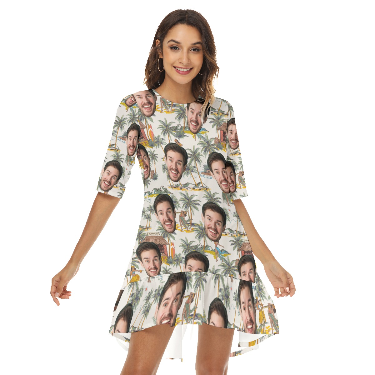 Tropical Hula Girls Custom Face Hawaiian Half Sleeve Dress With Ruffle Hem - variant image 1