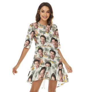 Tropical Hula Girls Custom Face Hawaiian Half Sleeve Dress With Ruffle Hem