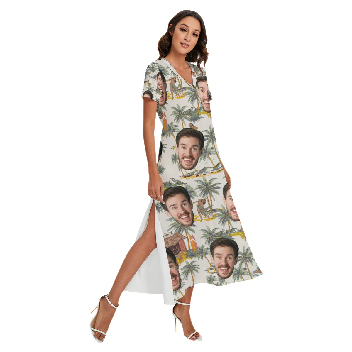 Tropical Hula Girls Custom Face Hawaiian V-neck Dress With Side Slit - variant image 1