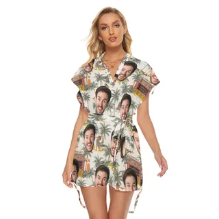 Funny Custom Face Tropical Hula Girl Hawaiian Dress With Belt For Women