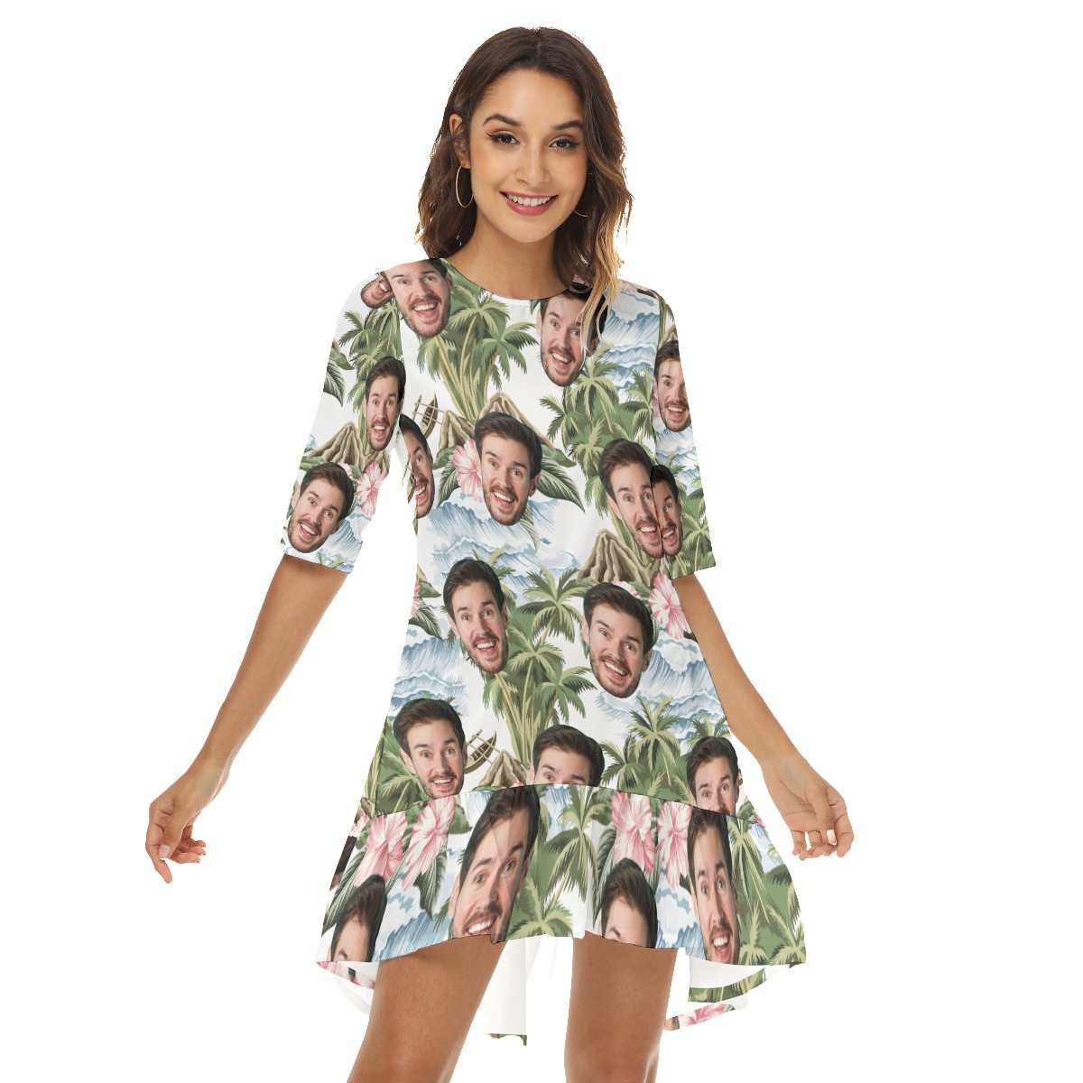 Custom Face Tropical Island Hawaiian Dress With Ruffle Hem For Women - variant image 1