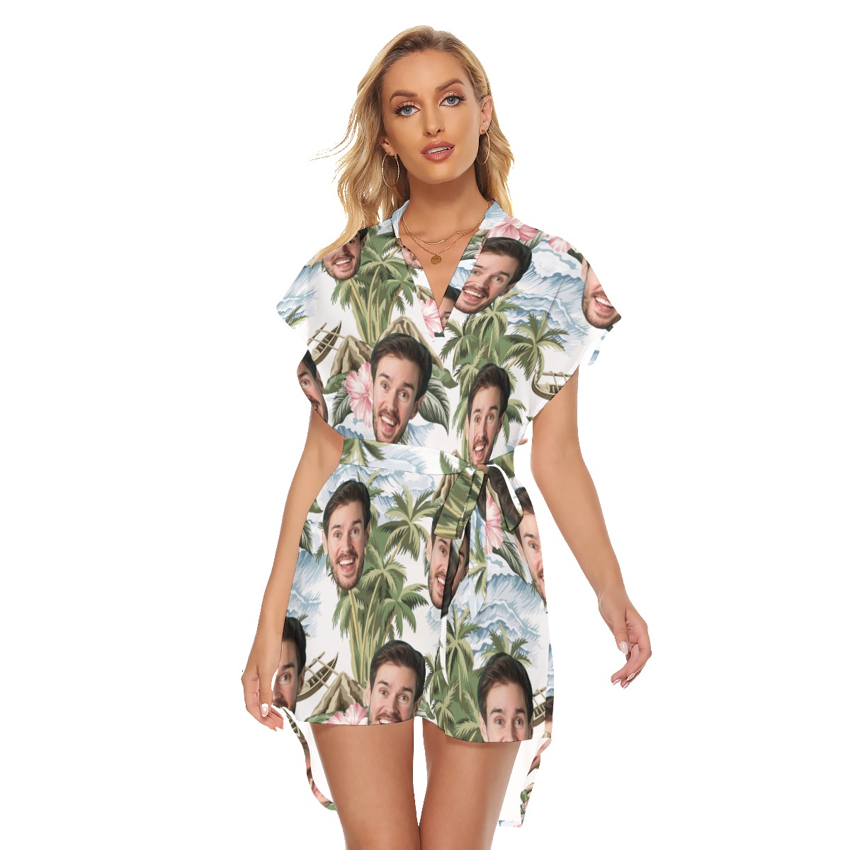 Funny Custom Face Tropical Island Hawaiian Dress With Belt For Women - variant image 1
