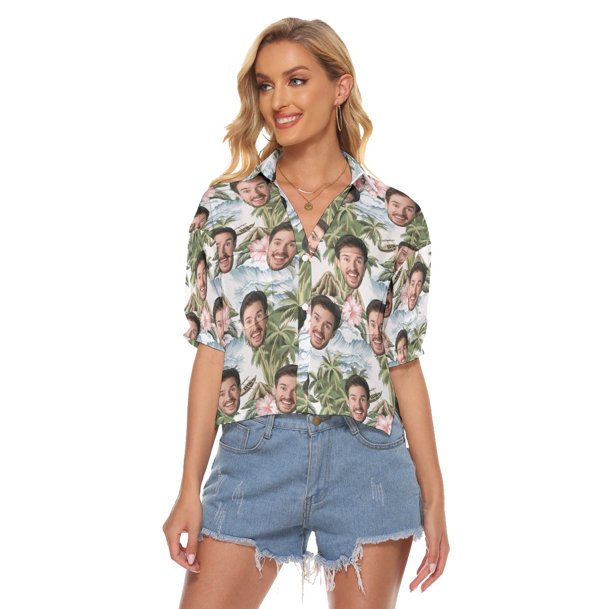 Tropical Island Custom Face Hawaiian Cropped Shirt For Women - variant image 1