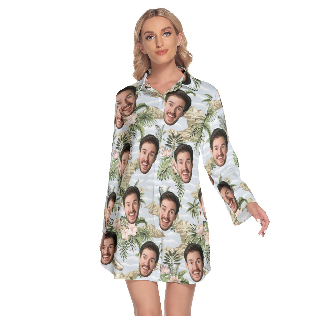 Funny Custom Face Tropical Botanical Island Hawaiian Shirt Dress For Women - variant image 1