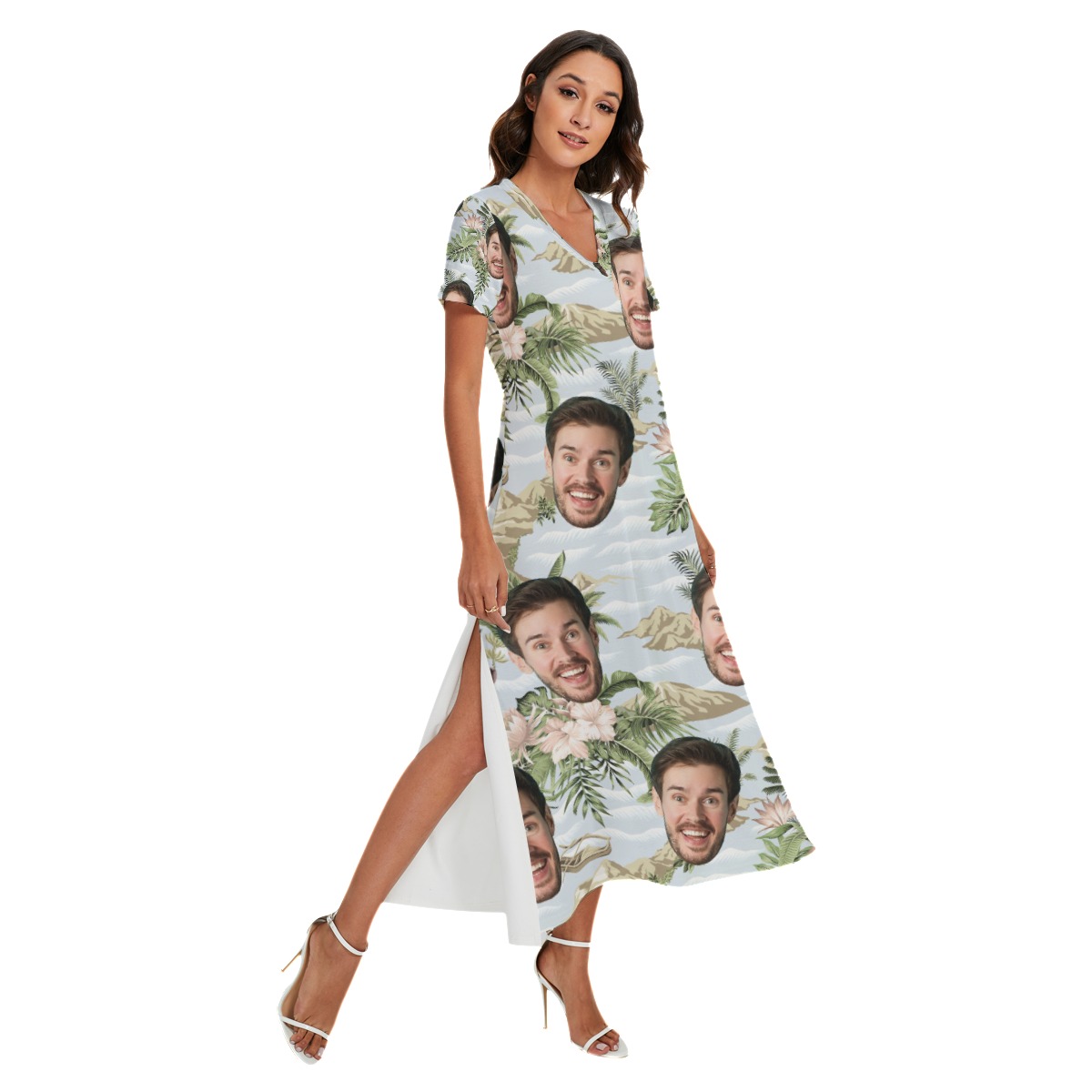 Tropical Botanical Island Custom Face Side Slit Hawaiian V-neck Dress - variant image 1