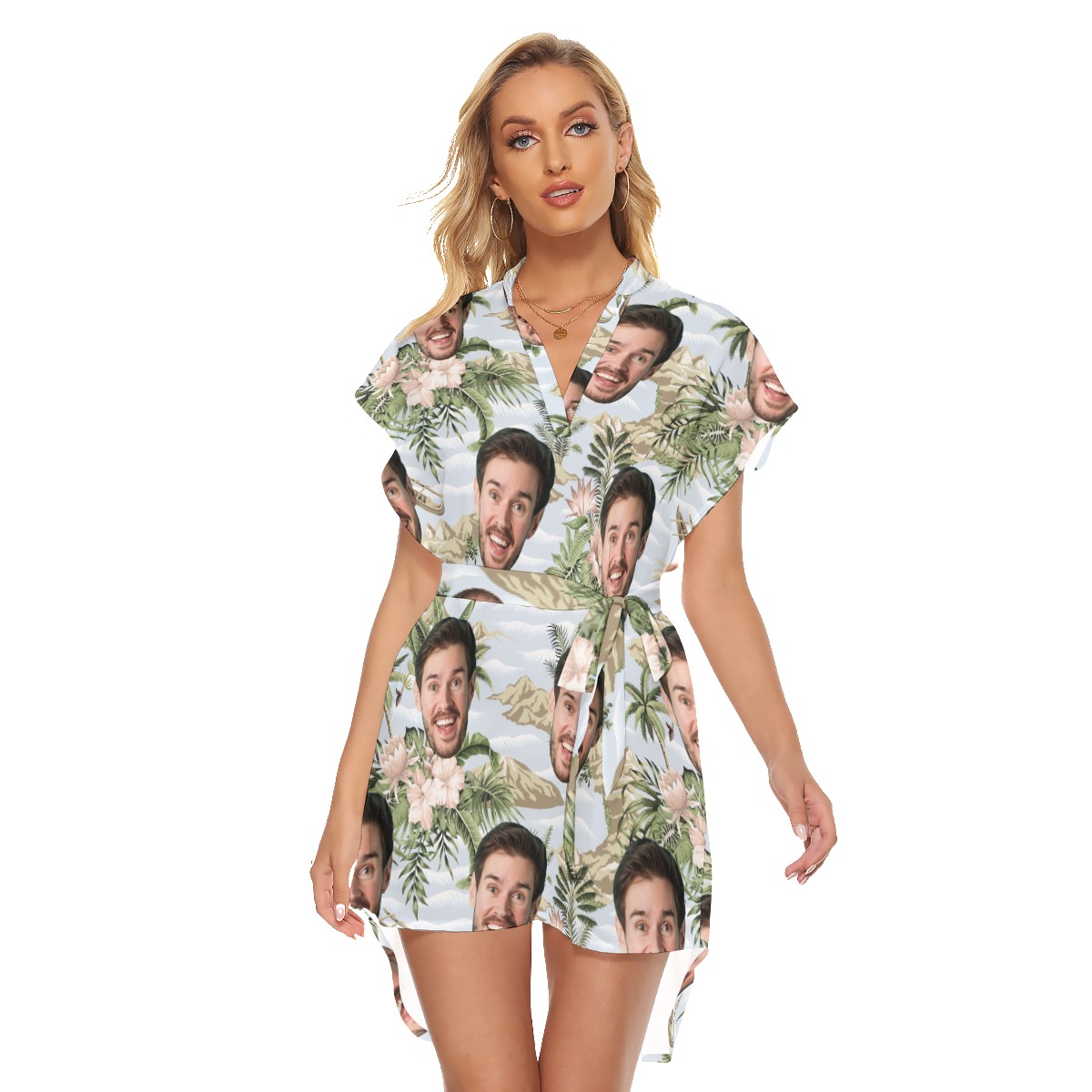 Tropical Botanical Island Custom Face Hawaiian Dress With Belt For Summer - variant image 1