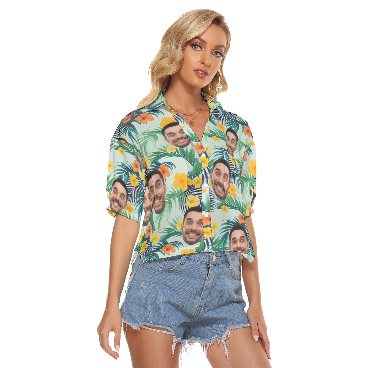 Custom Face Hawaiian Cropped Shirt For Women