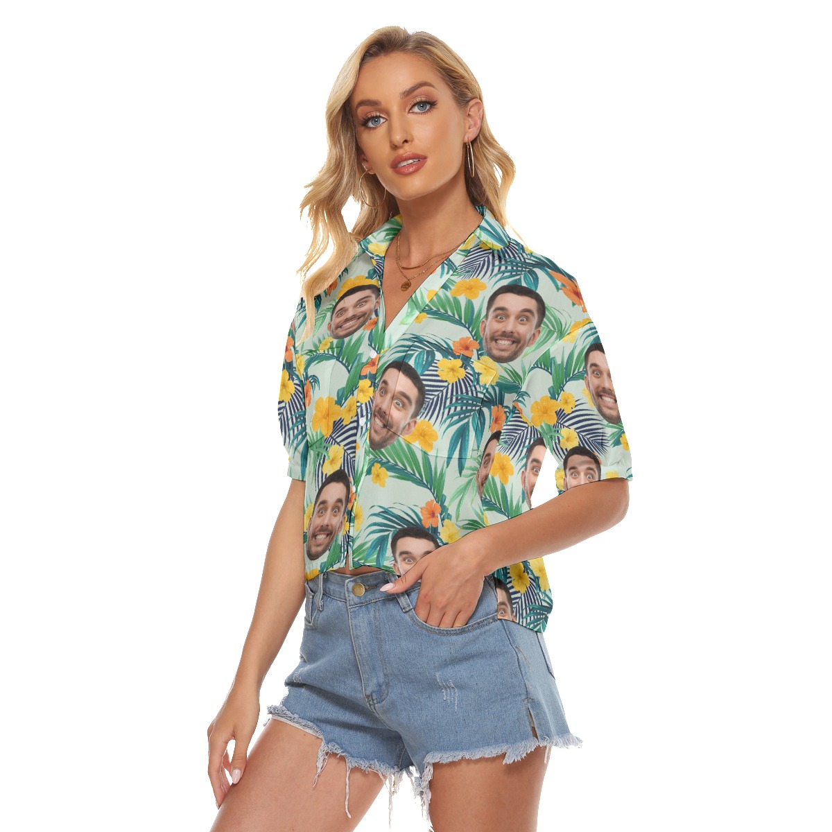 Custom Face Hawaiian Cropped Shirt For Women