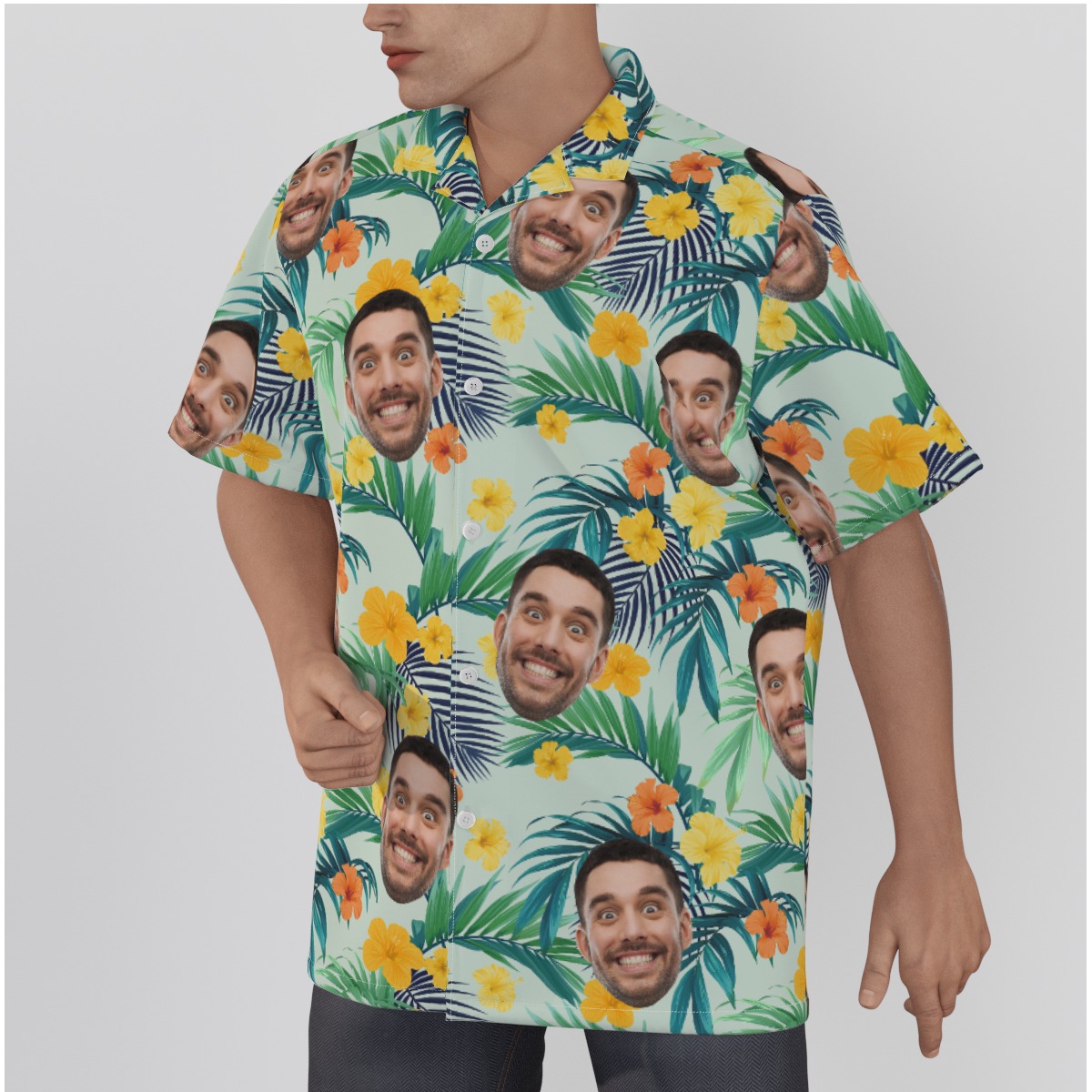 Custom Face Tropical Men Shirt in Hibiscus and Areca Palm Theme