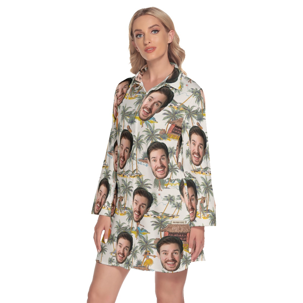 Custom Face Tropical Hula Girls Hawaiian Shirt Dress With Long Sleeve For Women