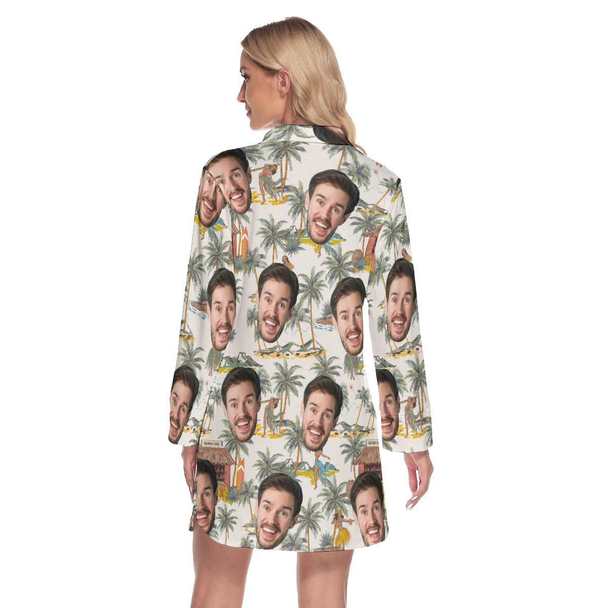 Custom Face Tropical Hula Girls Hawaiian Shirt Dress With Long Sleeve For Women