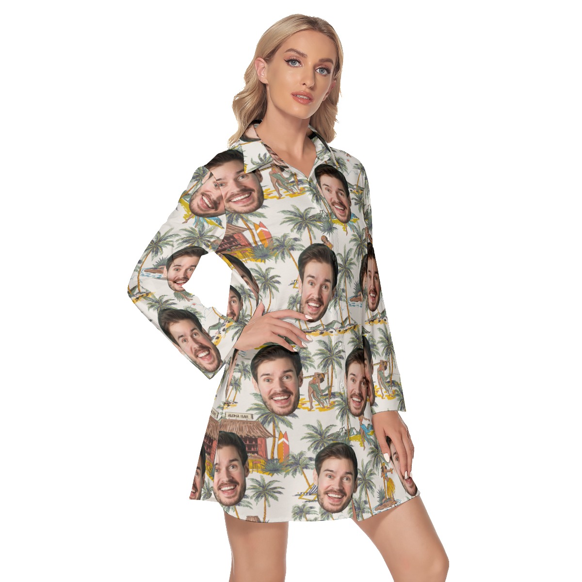 Custom Face Tropical Hula Girls Hawaiian Shirt Dress With Long Sleeve For Women
