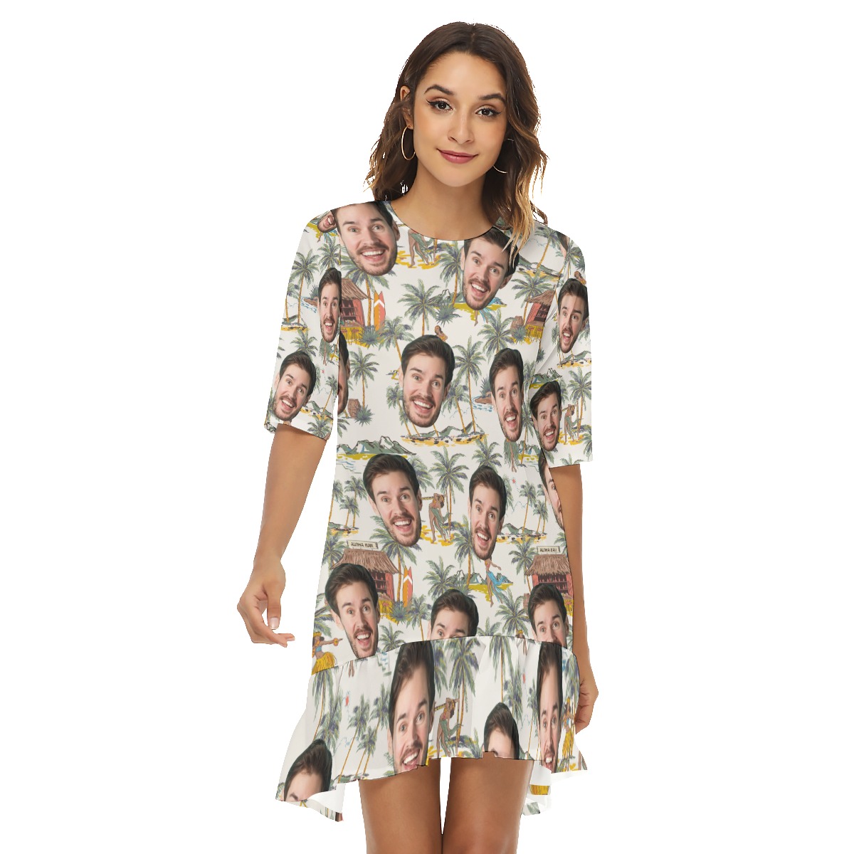 Tropical Hula Girls Custom Face Hawaiian Half Sleeve Dress With Ruffle Hem