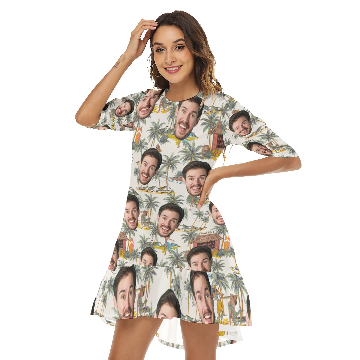 Tropical Hula Girls Custom Face Hawaiian Half Sleeve Dress With Ruffle Hem