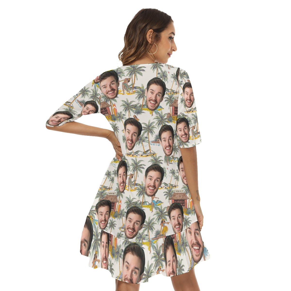 Tropical Hula Girls Custom Face Hawaiian Half Sleeve Dress With Ruffle Hem