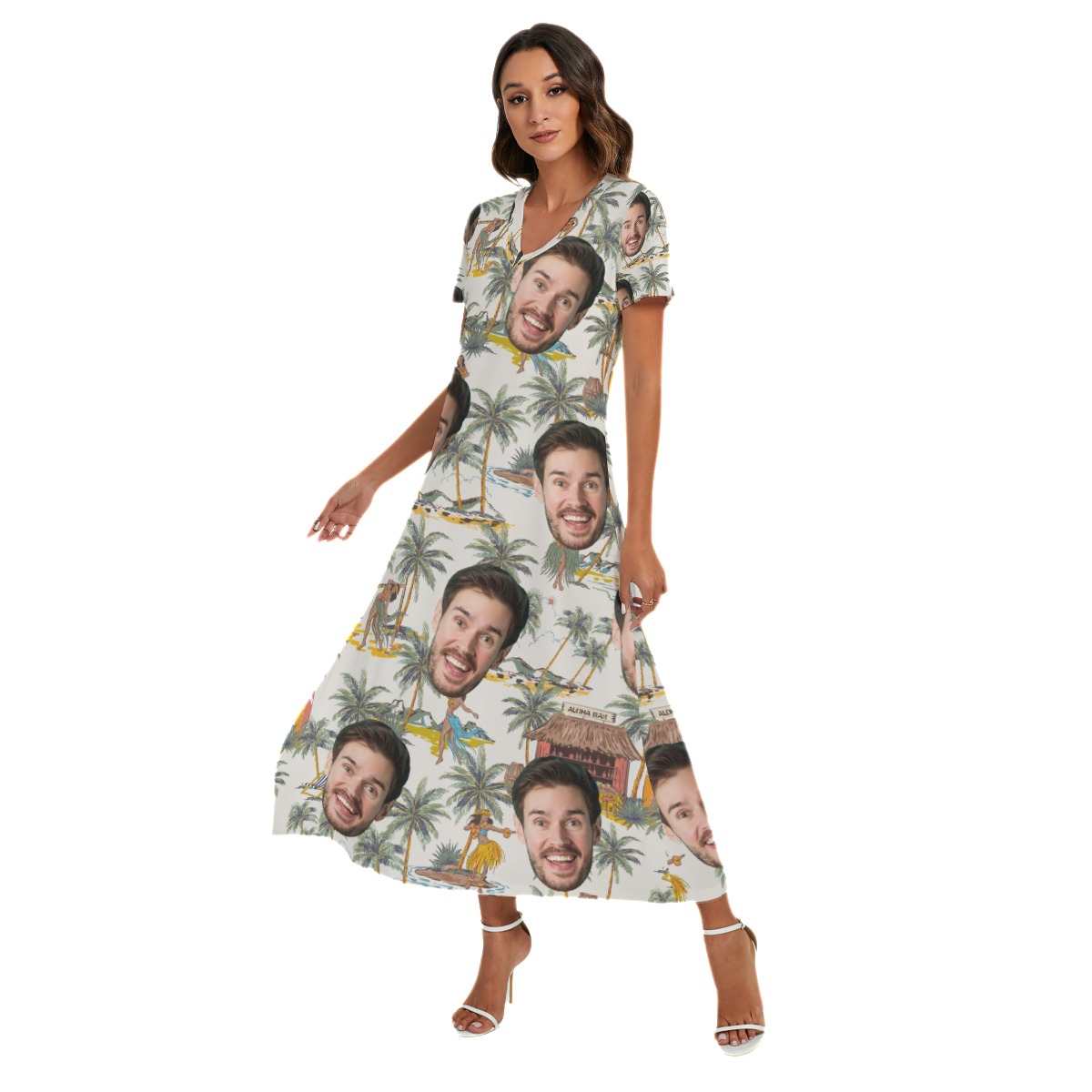 Tropical Hula Girls Custom Face Hawaiian V-neck Dress With Side Slit