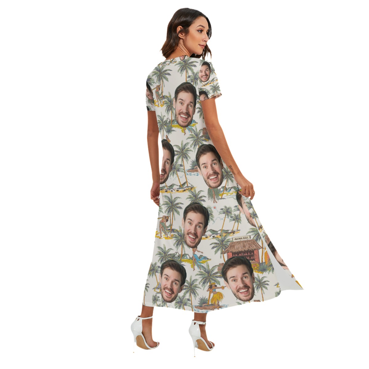 Tropical Hula Girls Custom Face Hawaiian V-neck Dress With Side Slit