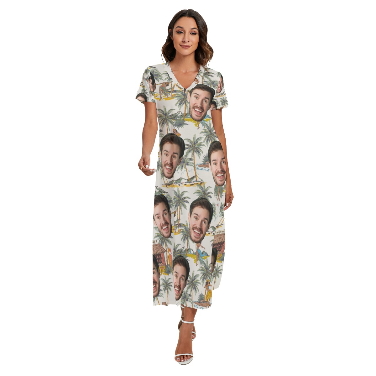Tropical Hula Girls Custom Face Hawaiian V-neck Dress With Side Slit