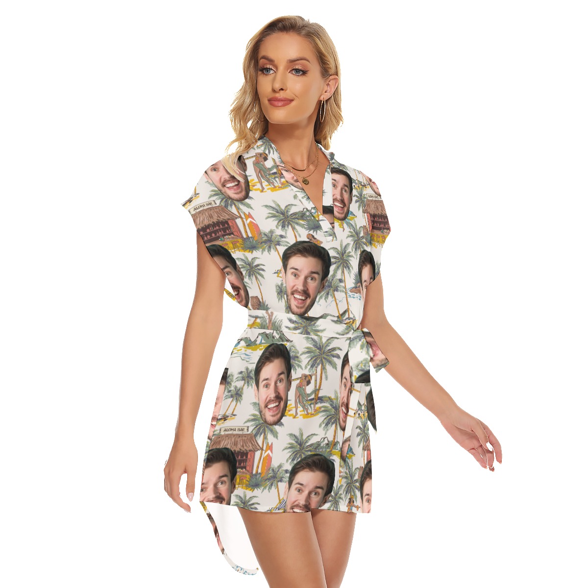 Funny Custom Face Tropical Hula Girl Hawaiian Dress With Belt For Women