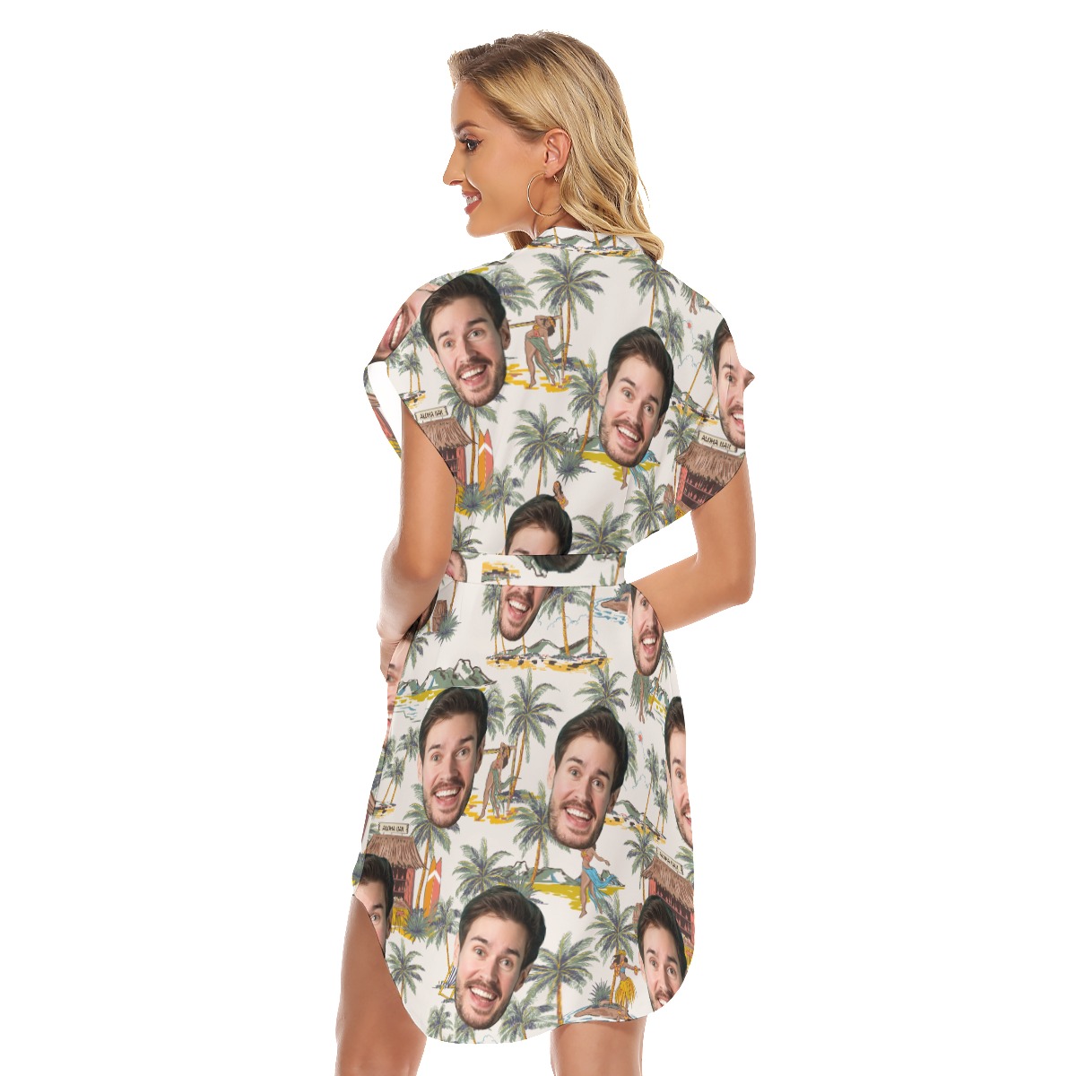 Funny Custom Face Tropical Hula Girl Hawaiian Dress With Belt For Women