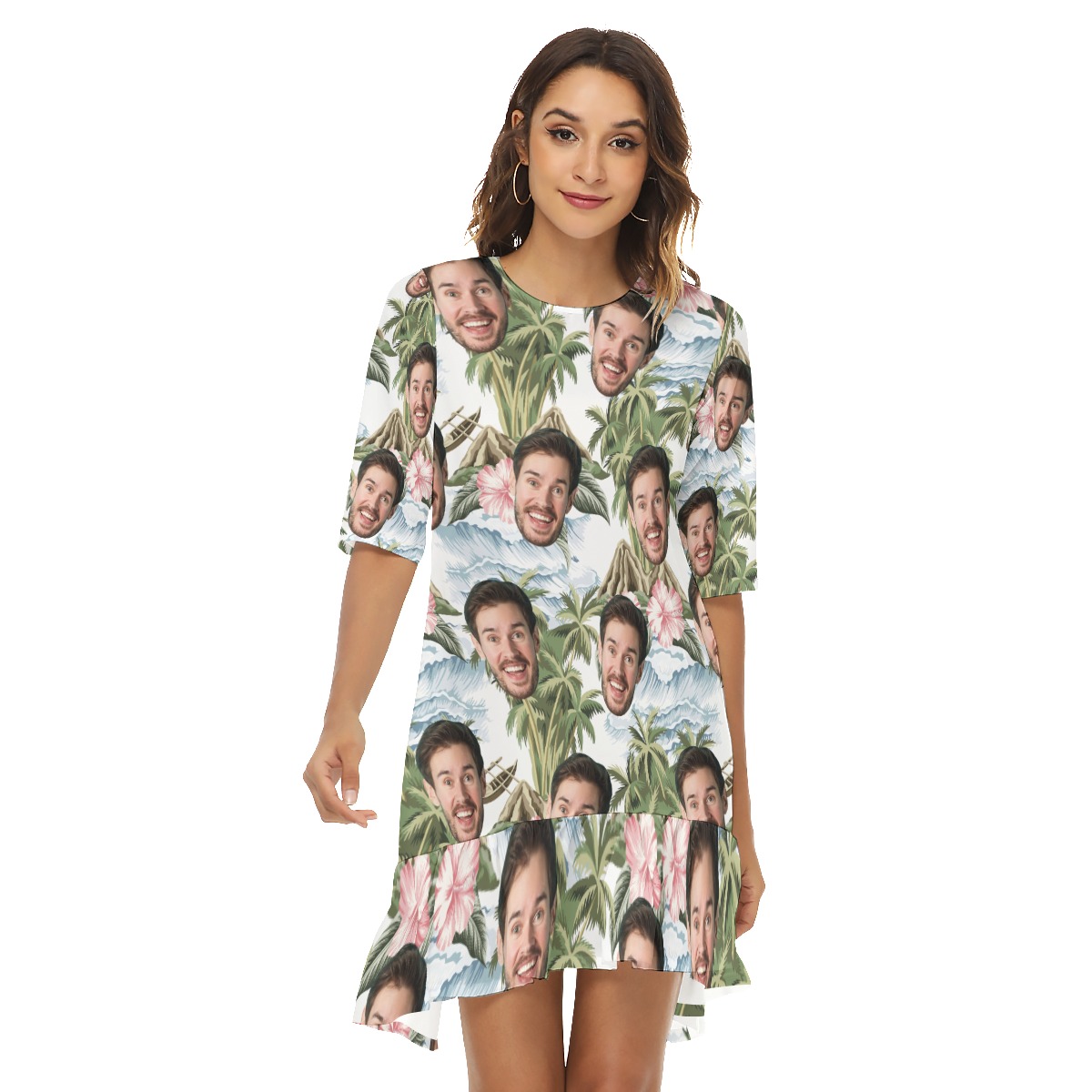Custom Face Tropical Island Hawaiian Dress With Ruffle Hem For Women