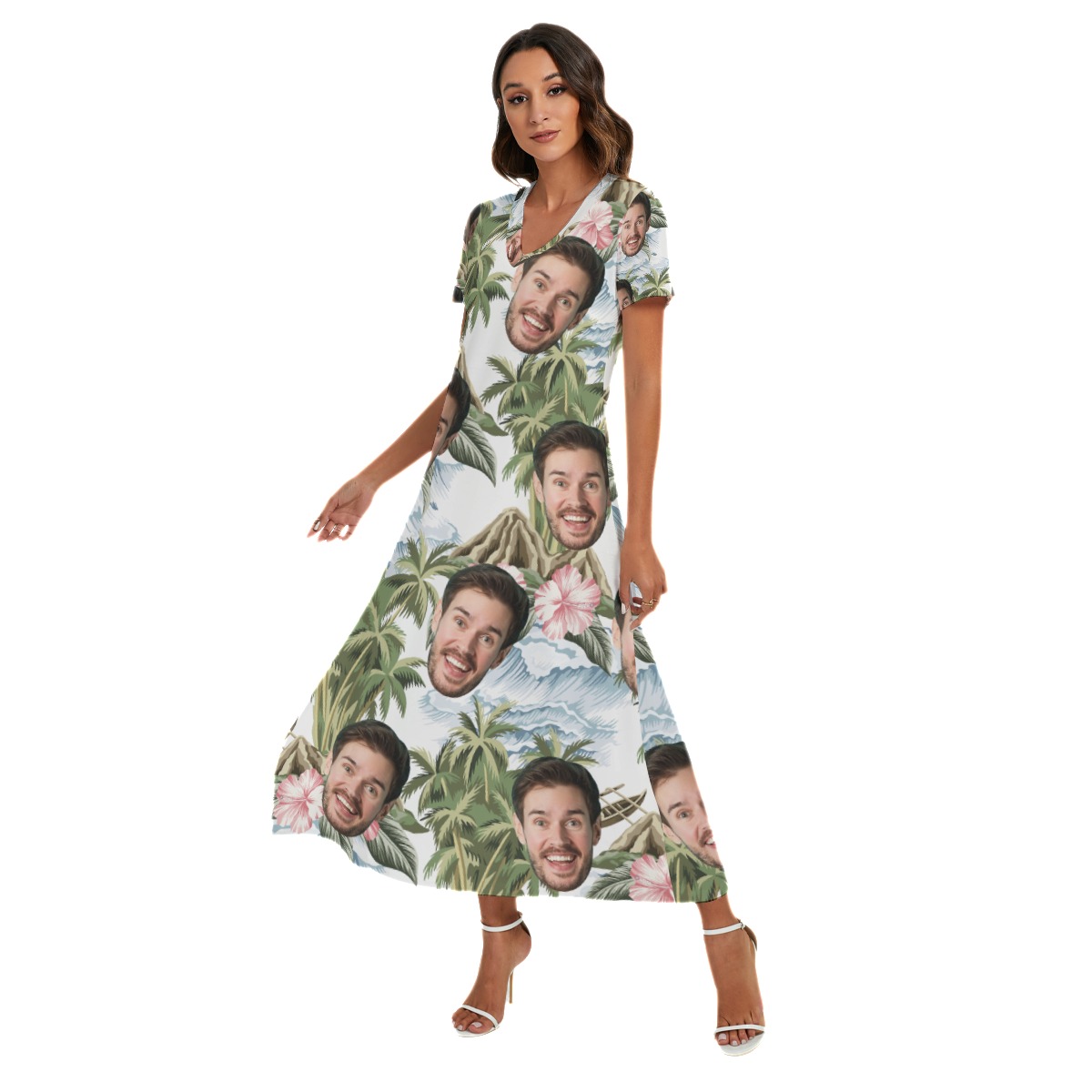 Funny Custom Face Tropical Island Hawaiian Dress With Side Slit