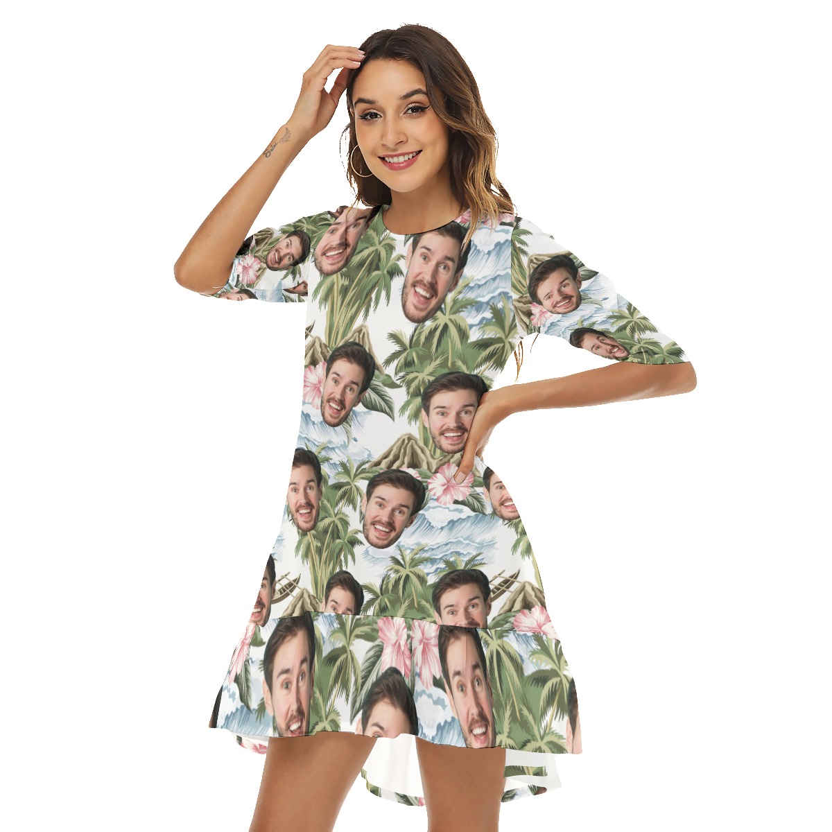 Custom Face Tropical Island Hawaiian Dress With Ruffle Hem For Women