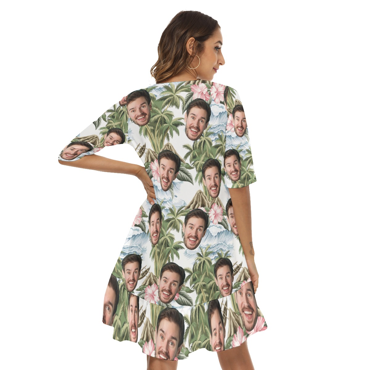 Custom Face Tropical Island Hawaiian Dress With Ruffle Hem For Women