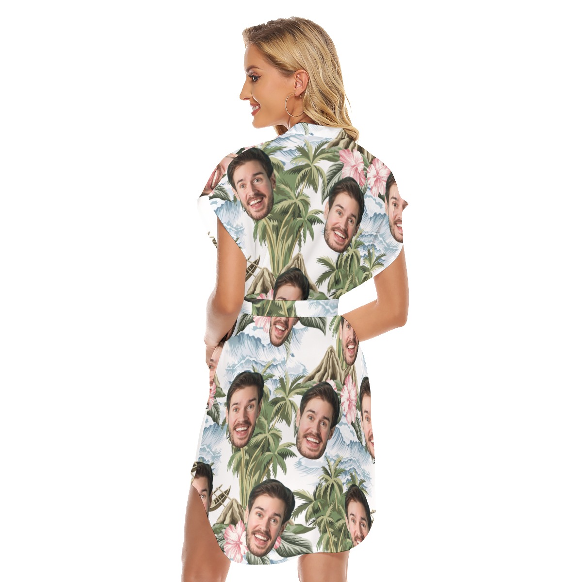 Funny Custom Face Tropical Island Hawaiian Dress With Belt For Women