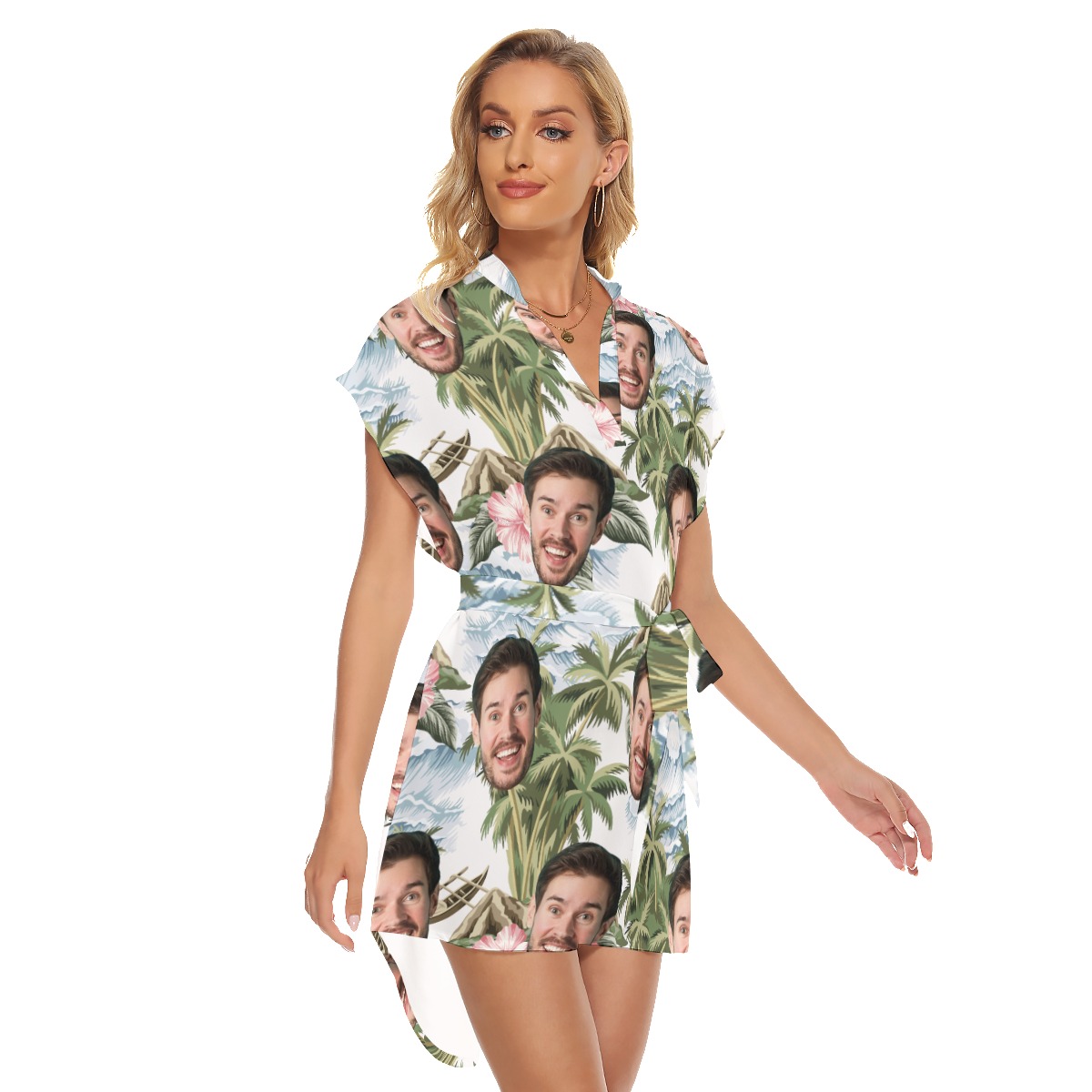 Funny Custom Face Tropical Island Hawaiian Dress With Belt For Women