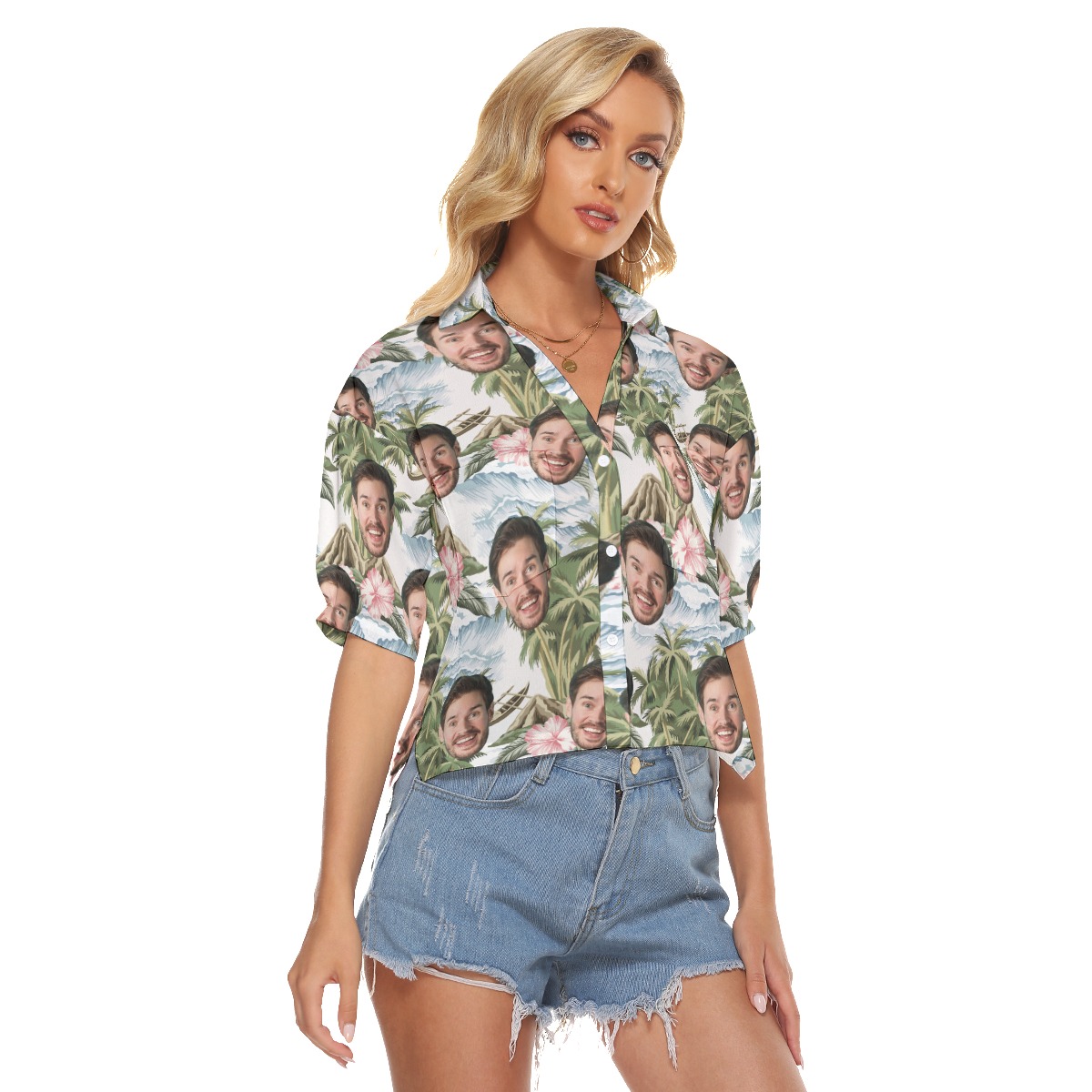 Tropical Island Custom Face Hawaiian Cropped Shirt For Women
