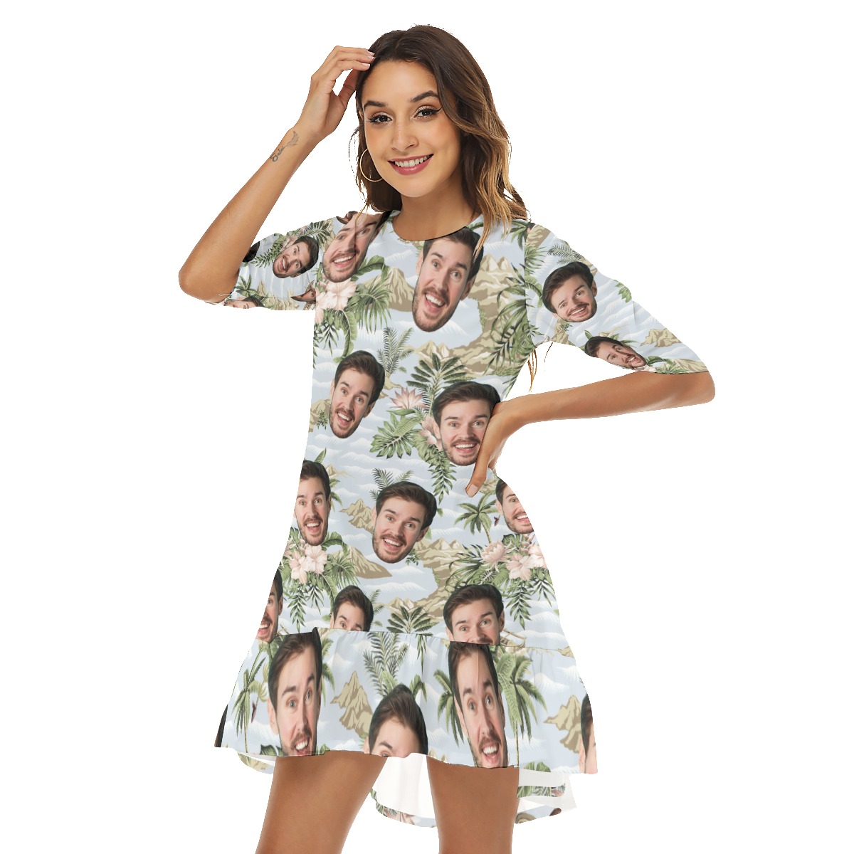 Funny Botanical Island Custom Face Hawaiian Dress With Ruffle Hem