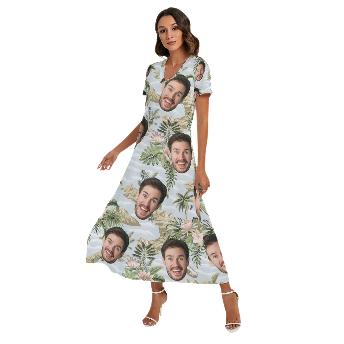 Tropical Botanical Island Custom Face Side Slit Hawaiian V-neck Dress
