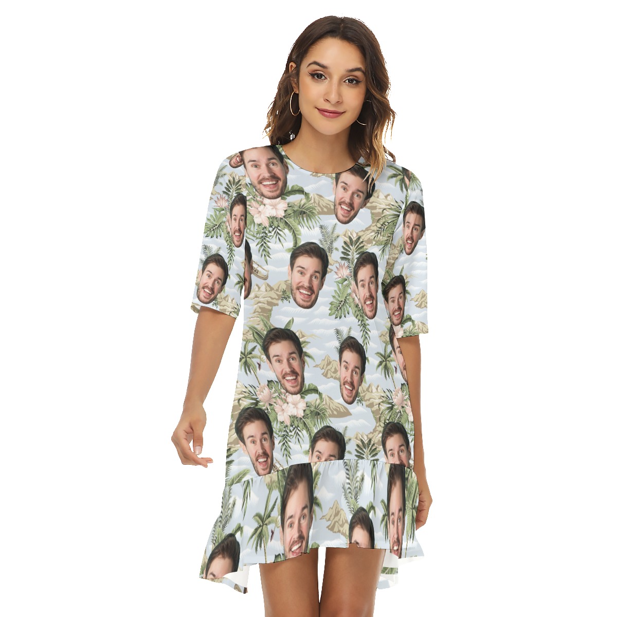 Funny Botanical Island Custom Face Hawaiian Dress With Ruffle Hem